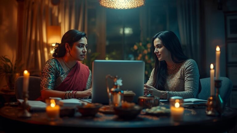 make a poster based on vastu shashtra---shwoing a indian vastu expert in her office giving consultation to a lady --show a laptop on table and table has products of vastu and candles in room self (7)