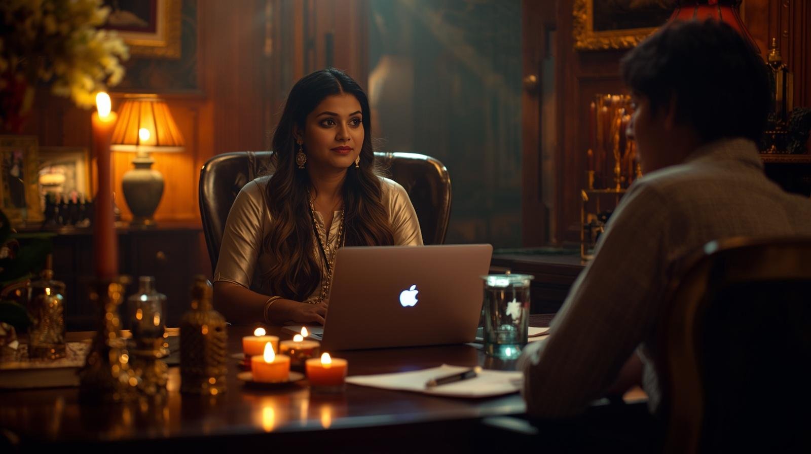 make a poster based on vastu shashtra---shwoing a indian vastu expert in her office giving consultation to a lady --show a laptop on table and table has products of vastu and candles in room self (8)